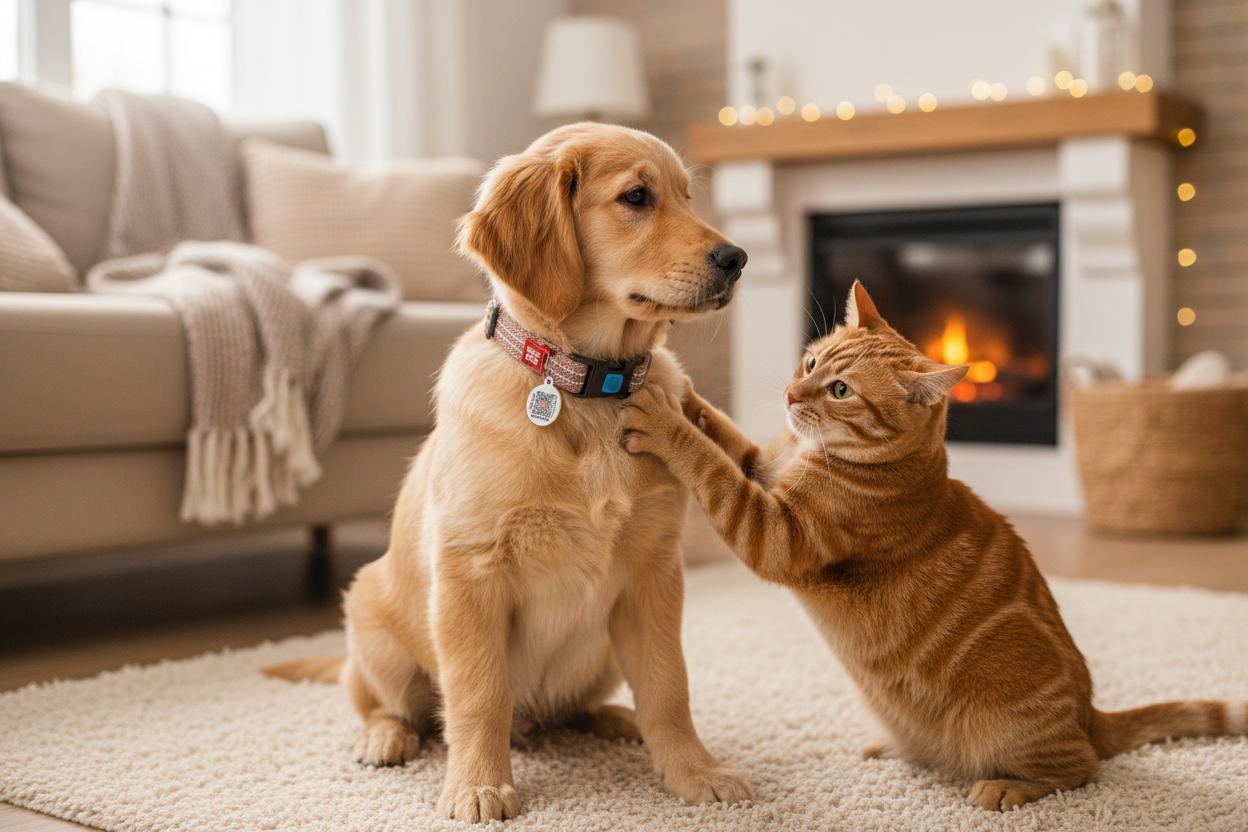 Dog with collar and cat playing
