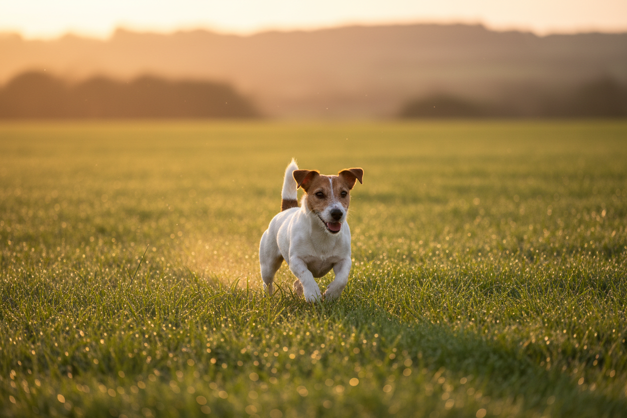 Jack Russell Terrier running through grassy field