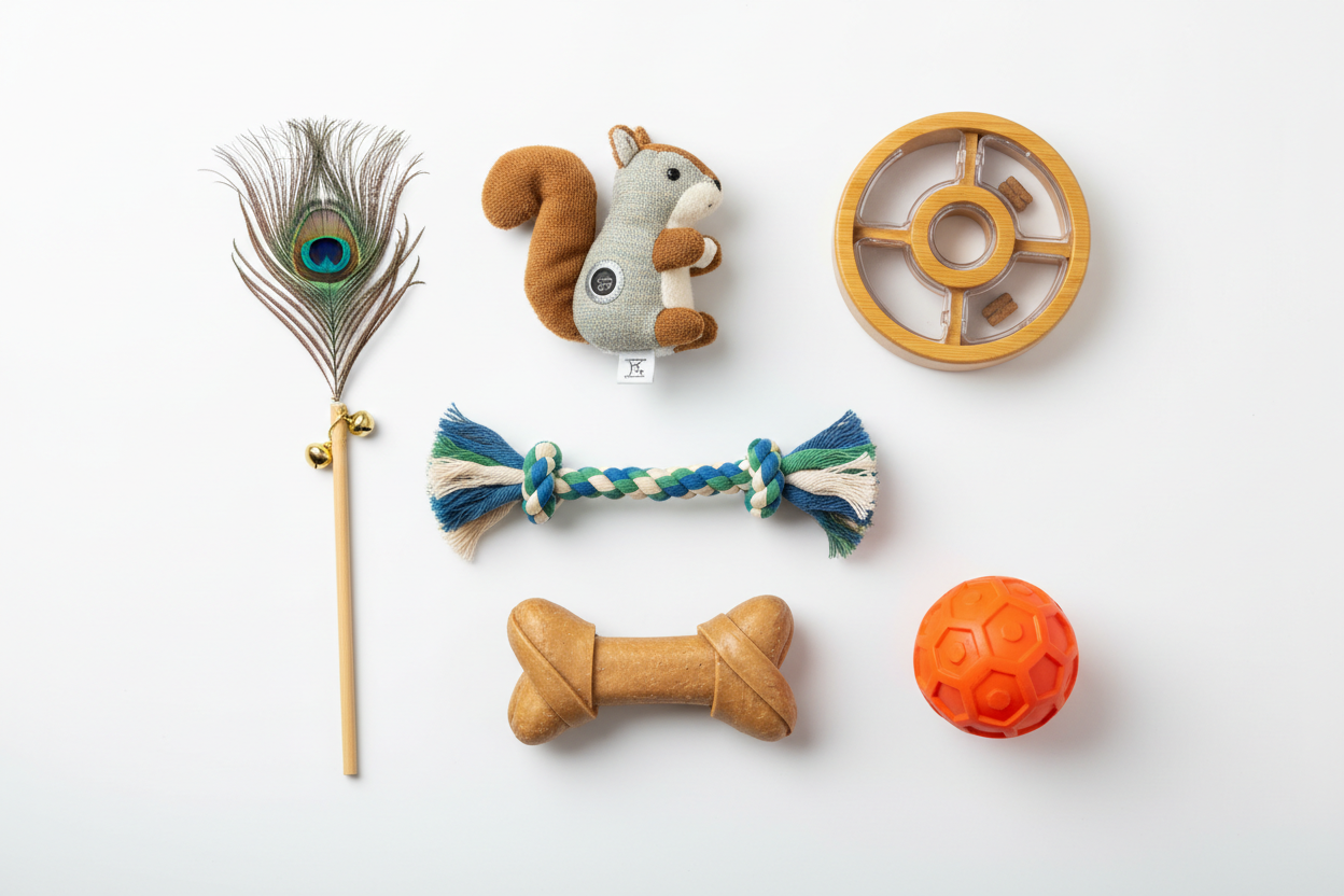 Pet toys variety flat lay